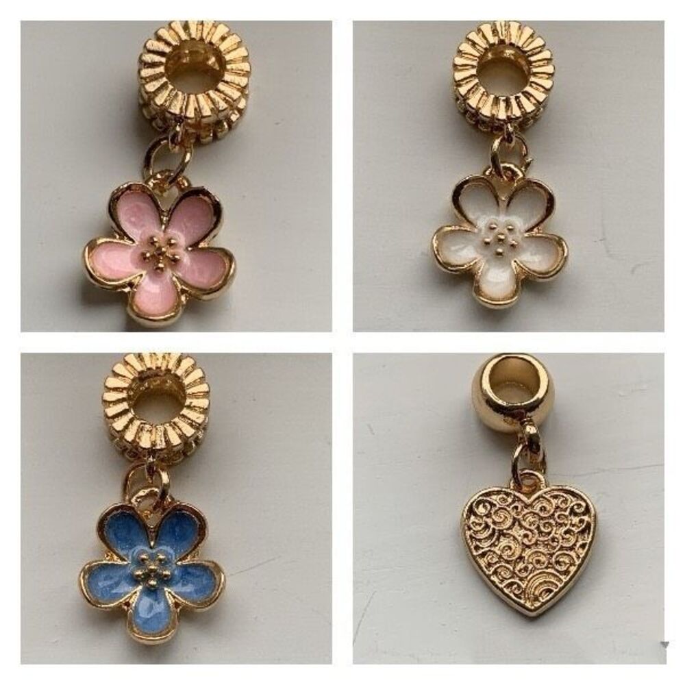 Set of 4 Dangle Charm Flowers & Heart for Necklace or Bracelet - New